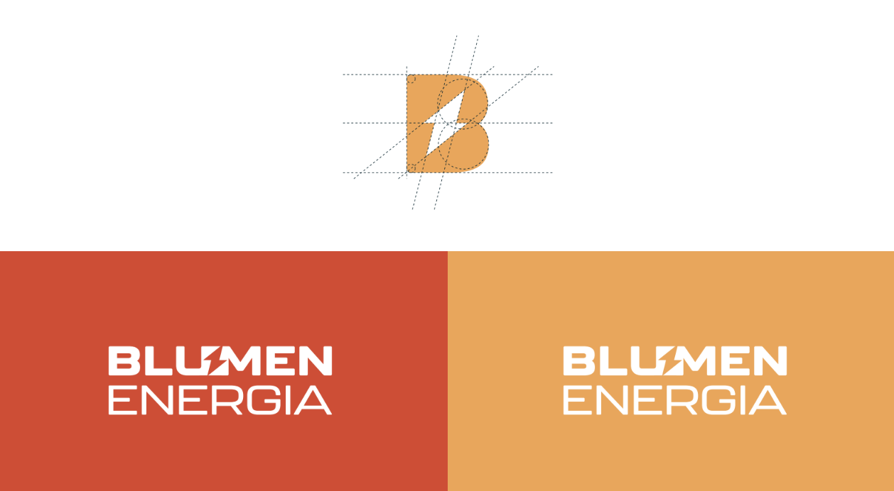 Identidade visual da Blumen Energia: construção do símbolo B com raio e logotipo em fundos vermelho e laranja