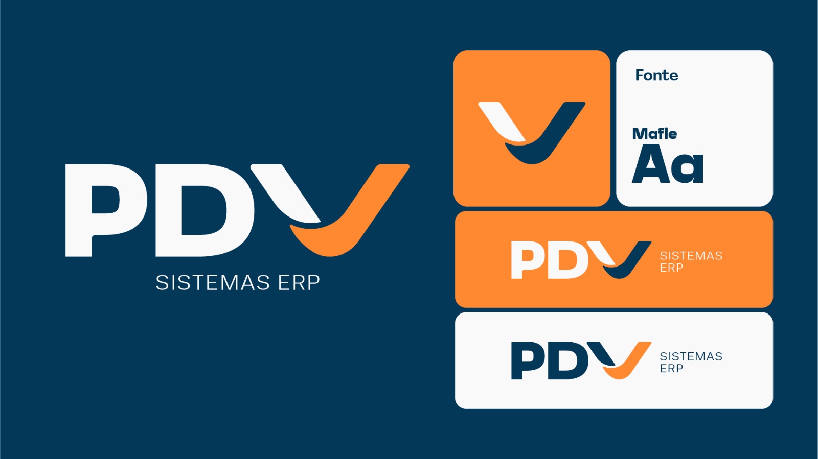 Identidade visual da PDV Sistemas ERP: logotipo em azul e laranja, símbolo e tipografia Mafle