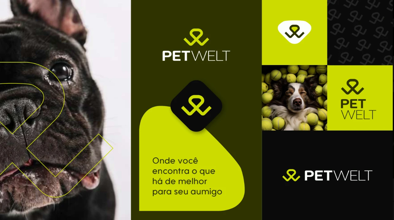 Identidade visual da PetWelt: logotipo verde-limão, padrão gráfico e aplicações com fotos de cães